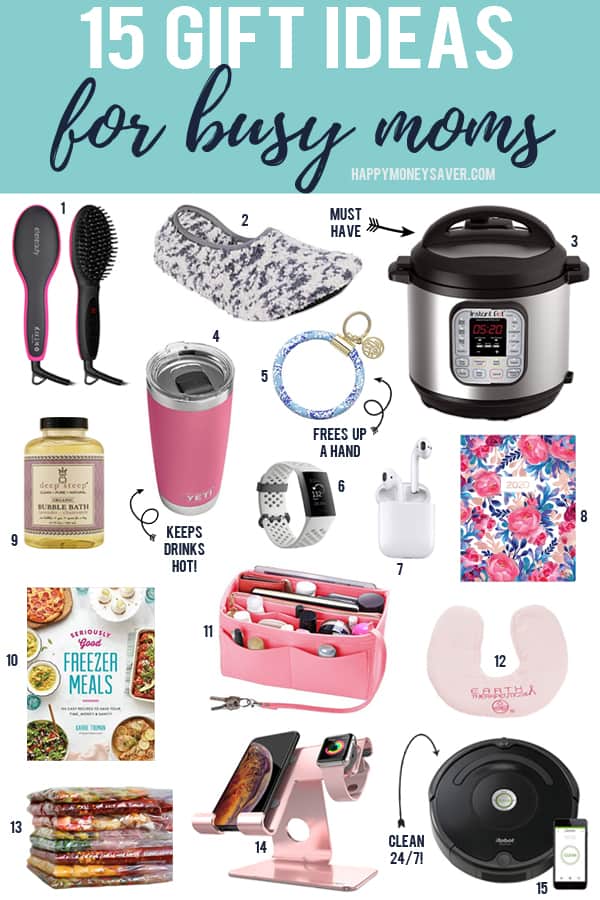 15 gift ideas for busy moms with images underneath the words.