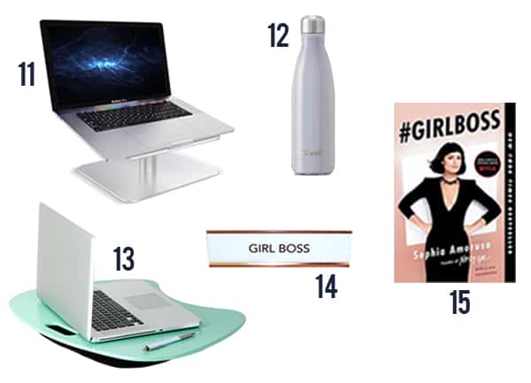 20 Gift Ideas for VA's - items 11-15 such as girl boss sign, girl boss book, laptop holder and water bottle.