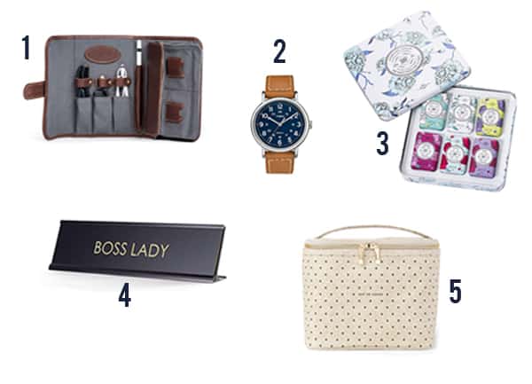 The memorable gifts for your boss like portfolio, watch, soap, desk sign, and tote.