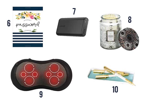 The memorable gifts for your boss like a journal, battery, candle, massage pillow, and pen set.