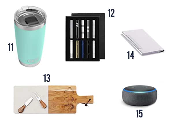 The thoughtful ideas for your boss like tumbler, tie clip set, cheese board, business card holder, echo dot.