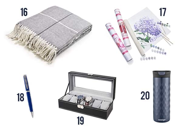 The thoughtful gifts for your boss like blanket, paint by numbers, pen, box, and mug.