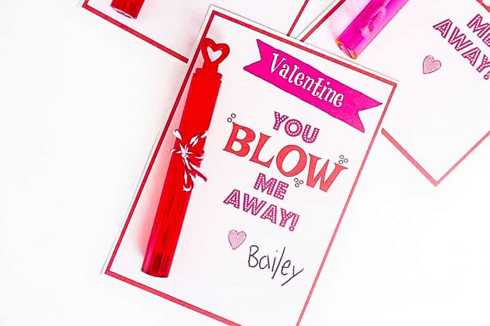 Valentine card with words You blow me away Valentine - heart Bailey with a little red bubble bottle tied on with string. 