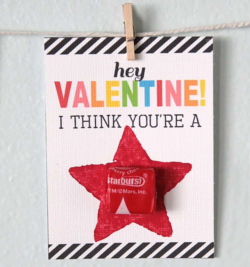 Hey Valentine, I Think You're A Star (Starburst Candy Valentine). This homemade valentine for kids will have your kids paint on the stars! 


