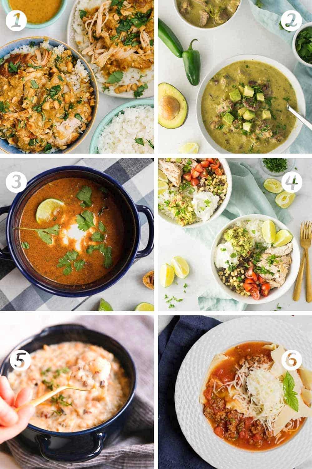 6 Different Healthy freezer crockpot meals numbered 1-6 