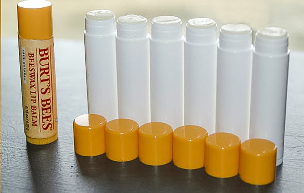 Tube of Burts Bees Lip Balm and several other tubes of my diy copycat recipe to enjoy.