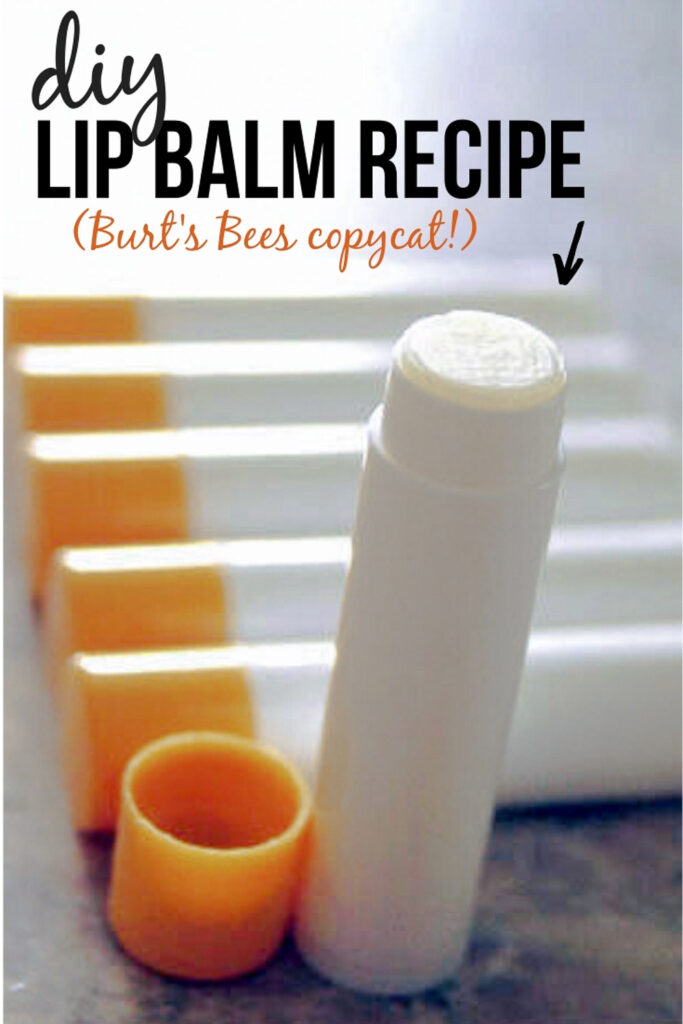 Several white tubes of my diy lip balm recipe with orange caps. And one tube being showcased in the center.