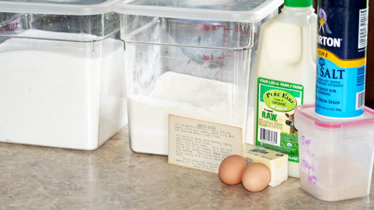 Flour, sugar, 2 eggs, milk, butter, yeast, salt and a recipe card - all ingredients to make butterhorns.