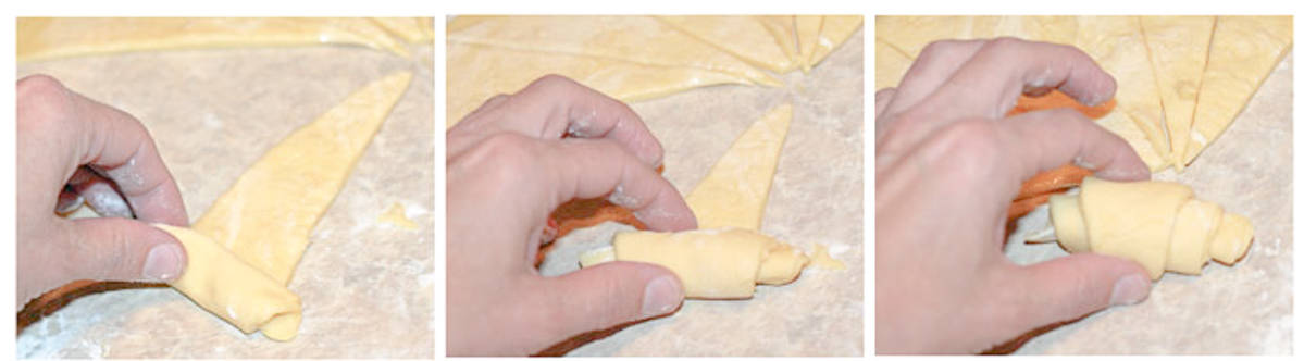 2 steps of dough being rolled up into a crescent shape with a hand.