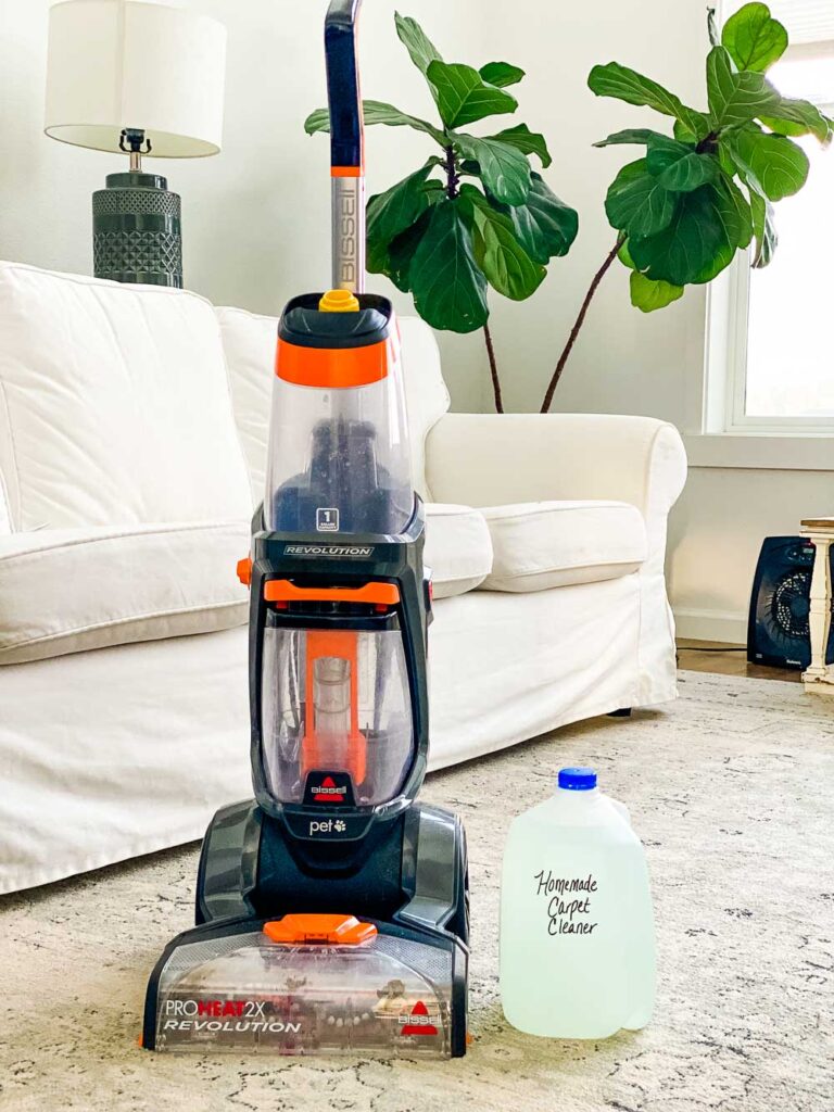 Living room with a Bissell carpet cleaning machine and a solution of carpet cleaner in a gallon jug next to it. Green plant in background.