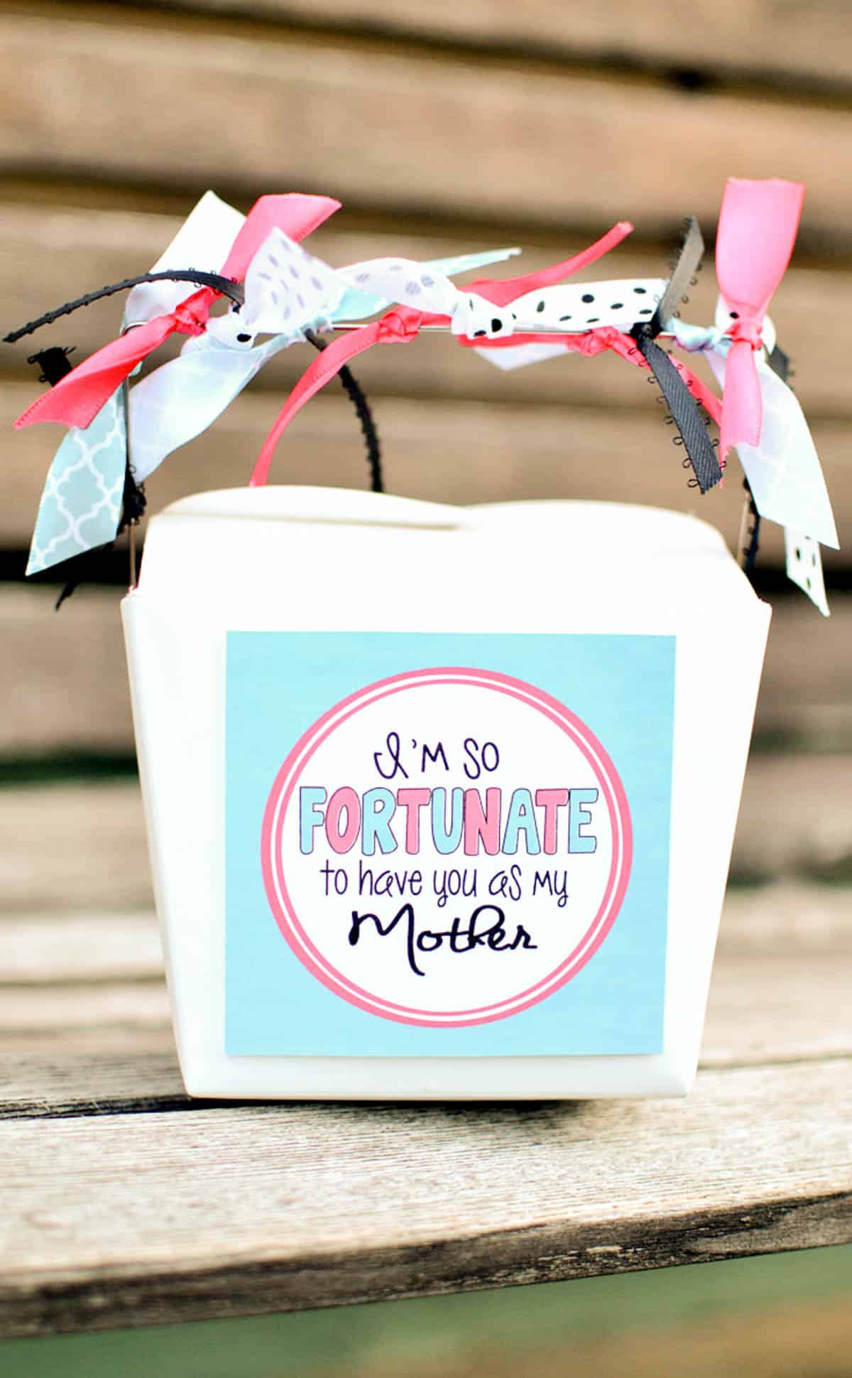 Fortune Cookie Gift Idea - box with fortune cookies inside with ribbons tied on handle and printable that says "I'm so fortunate to have you as my mother." 