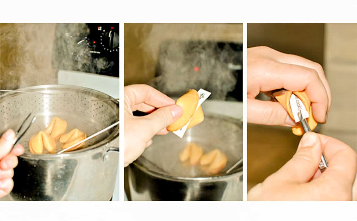 Step by step on boiling fortune cookies, removing fortune paper and adding new ones inside. 