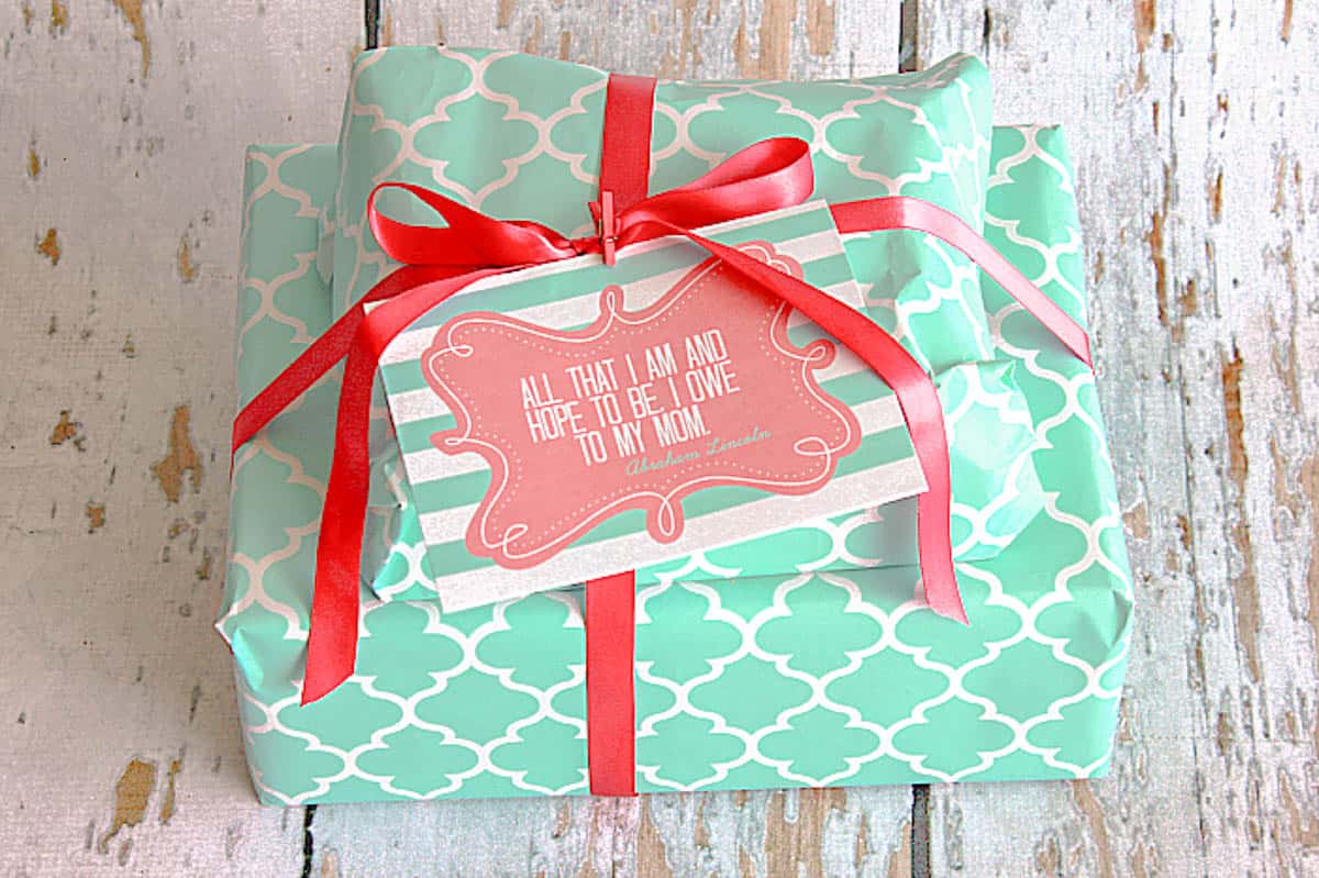 Mother's Day Gift Tag on present with red bow with free printable