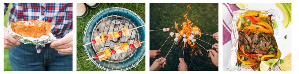Collage of food being cooked over a campfire and then eaten.