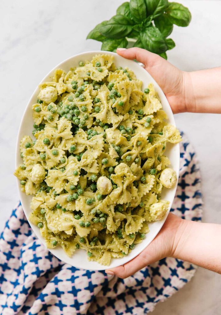 Two hands were holding a white oval dish filled with pesto pasta salad with a pink and blue checked towel underneath. On the side was a basil plant.