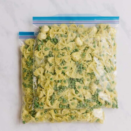 Pesto pasta salad freezer meal in bag.