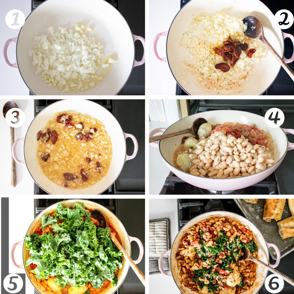 6 steps to make a white bean and kale skillet vegan freezer meal.