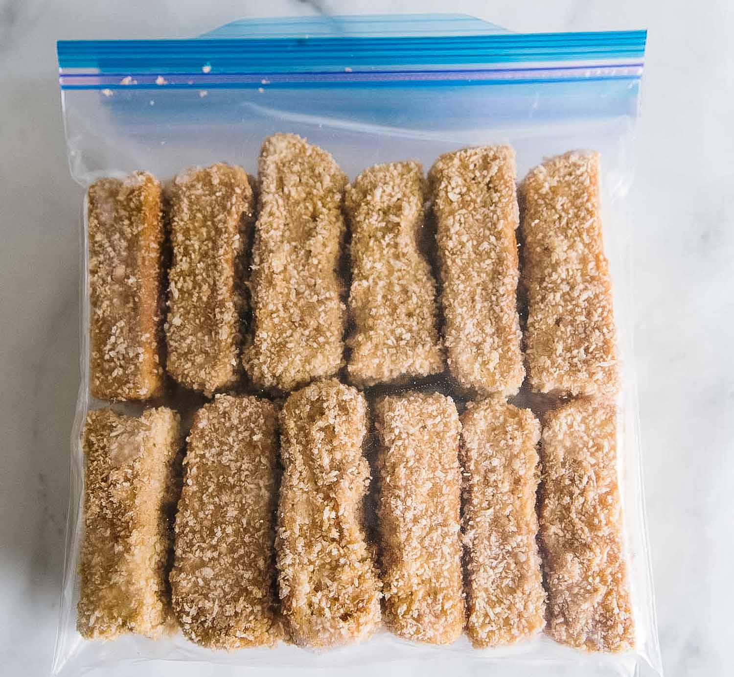 A gallon size ziploc bag with French toast sticks in it.