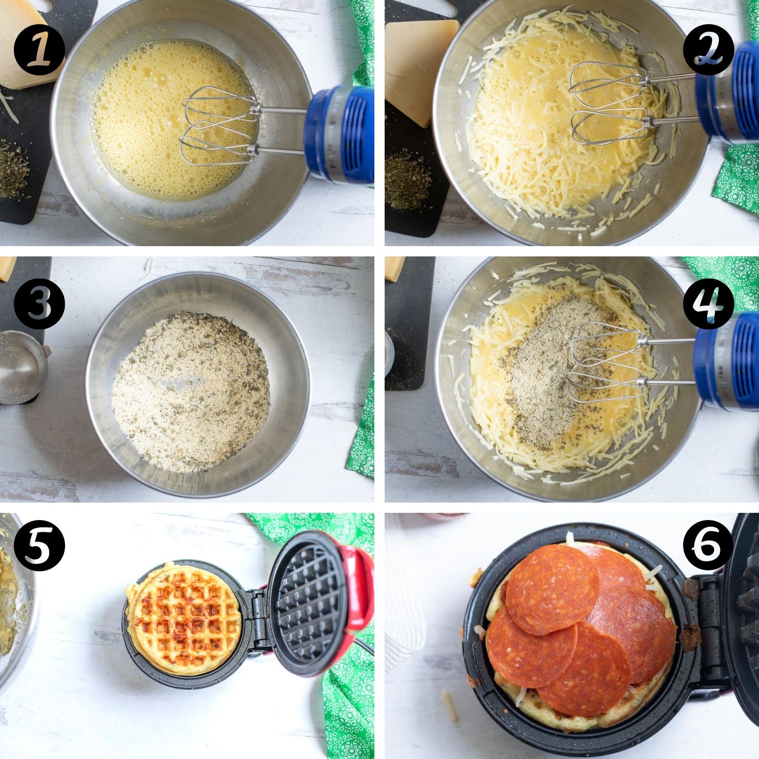 The 6 steps to making chaffles from adding all the ingredients to the completed product.