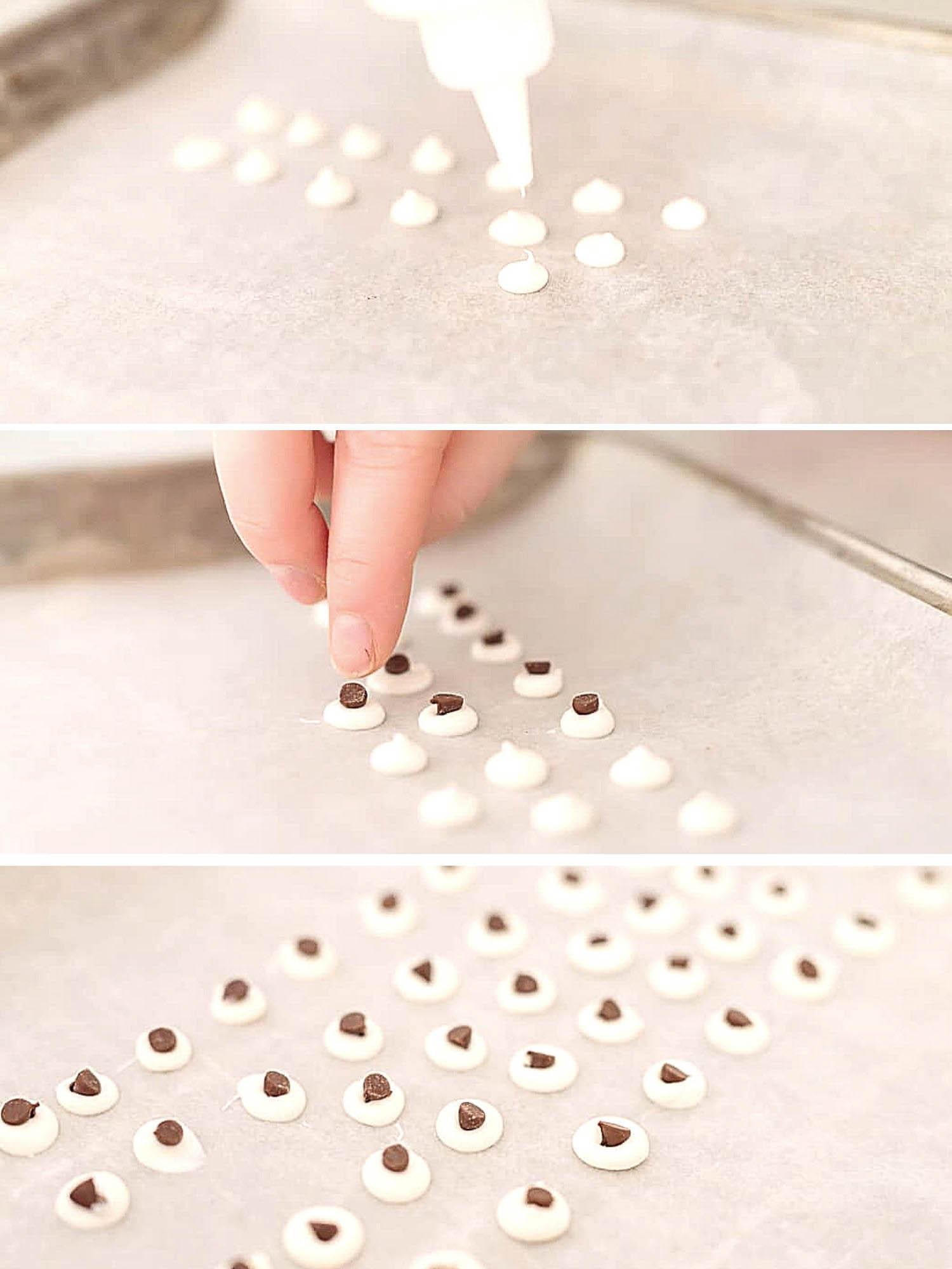 three instructional images showing process of making edible cookie eyes such as squeezing white chocolate out of bottle, pushing in chocolate chip and cooling.