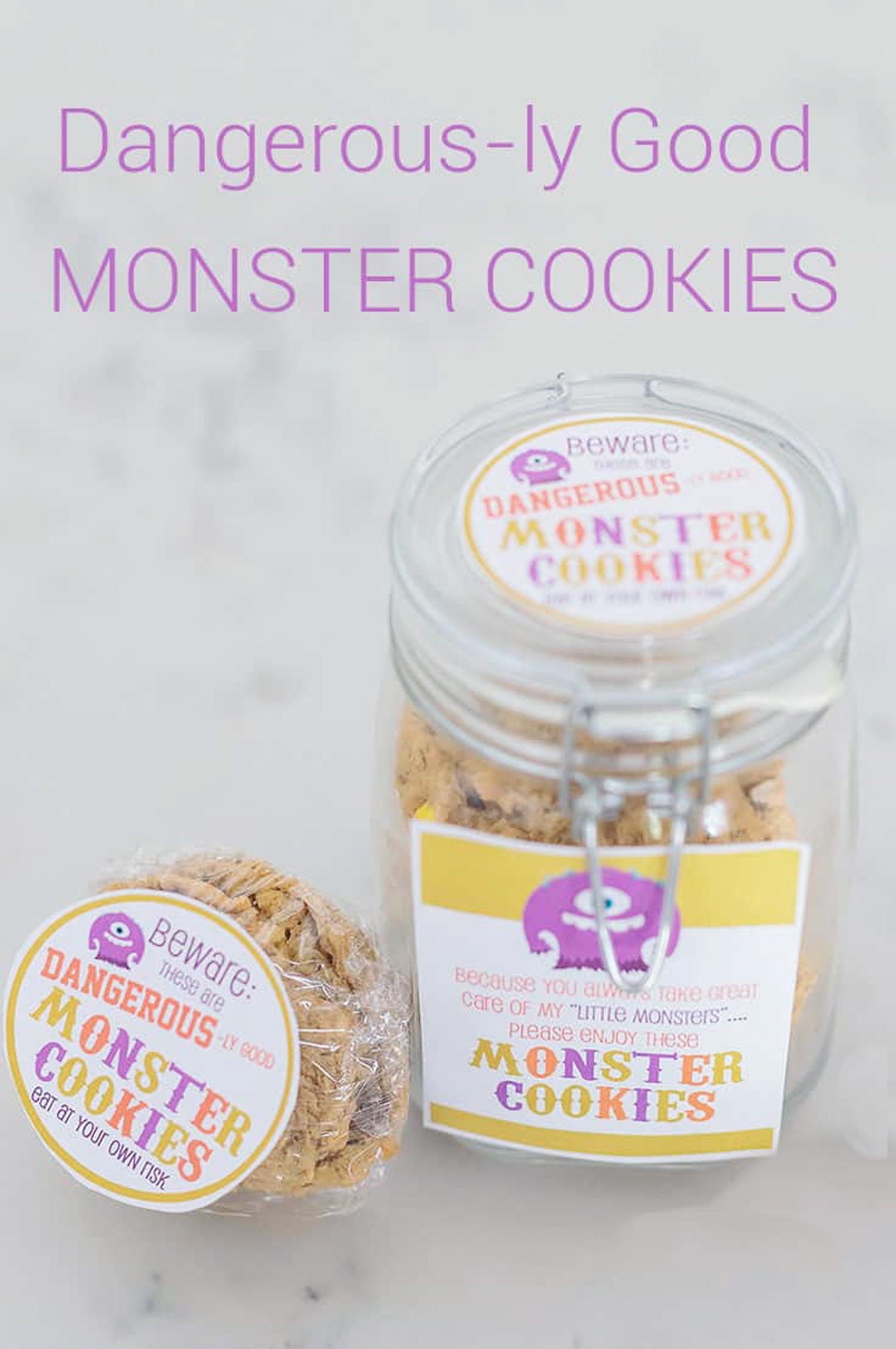 Jars of cookies with labels that warn of dangerous monster cookies.