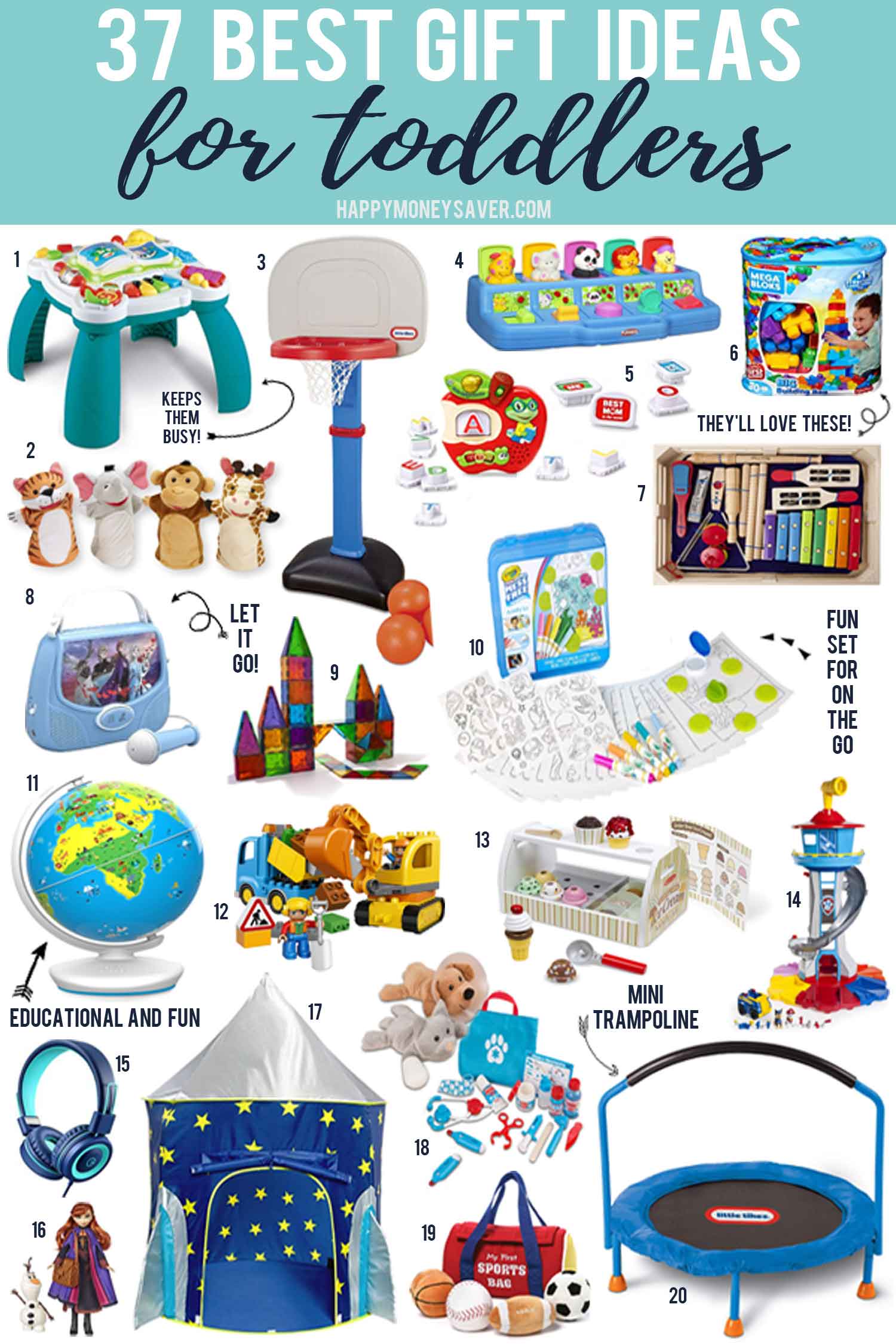 37 Best Gift Ideas for Toddlers with product images from happymoneysaver.com 