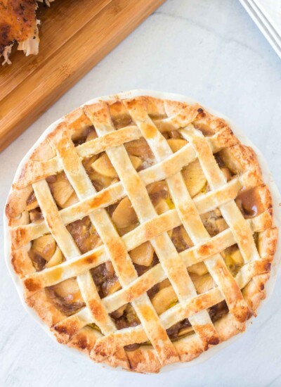 Baked apple pie with a lattice top.