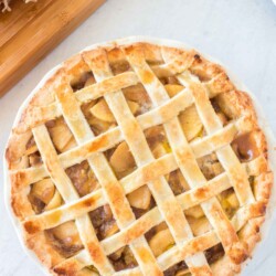 Baked apple pie with a lattice top.