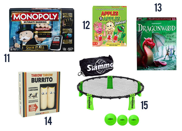 Five board games pics with 11-15: Monopoly, Apples to Apples Junior, Dragonwood, Throw Throw Burrito and Slammo.