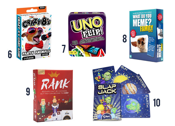 Family card games that everyone will love like Crazy 8's, UNO and What Do You Meme.