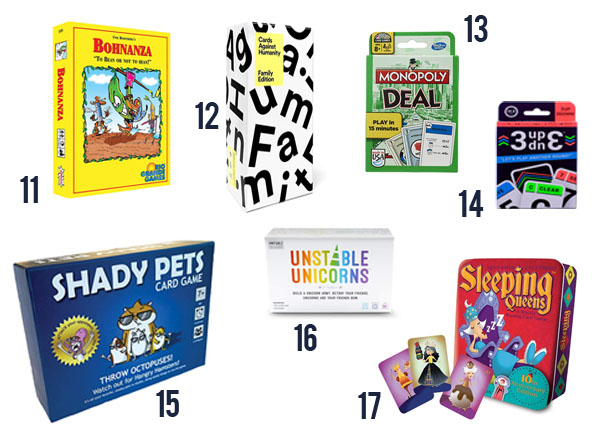 Family card games that everyone will love like Unstable Unicorns, Shady Pets and Monopoly Deal.