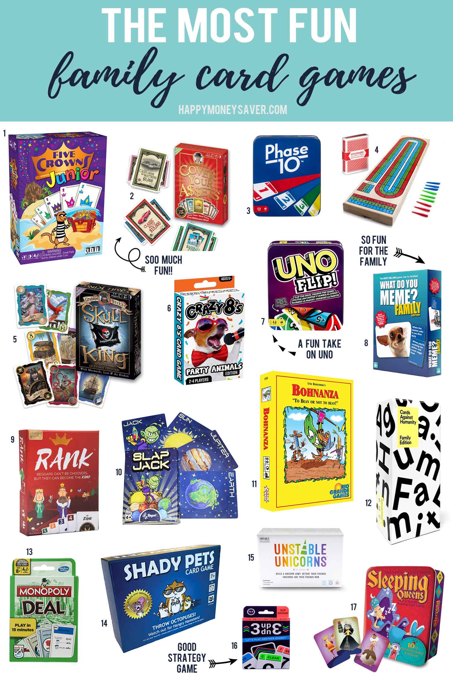 Collage of games with text \"The Most Fun Family Card Games.\"