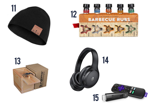 Hat, Barbeque rubs, headphones, roku and a trick spider are all fun ideas for gifting a man this holiday season pictured.