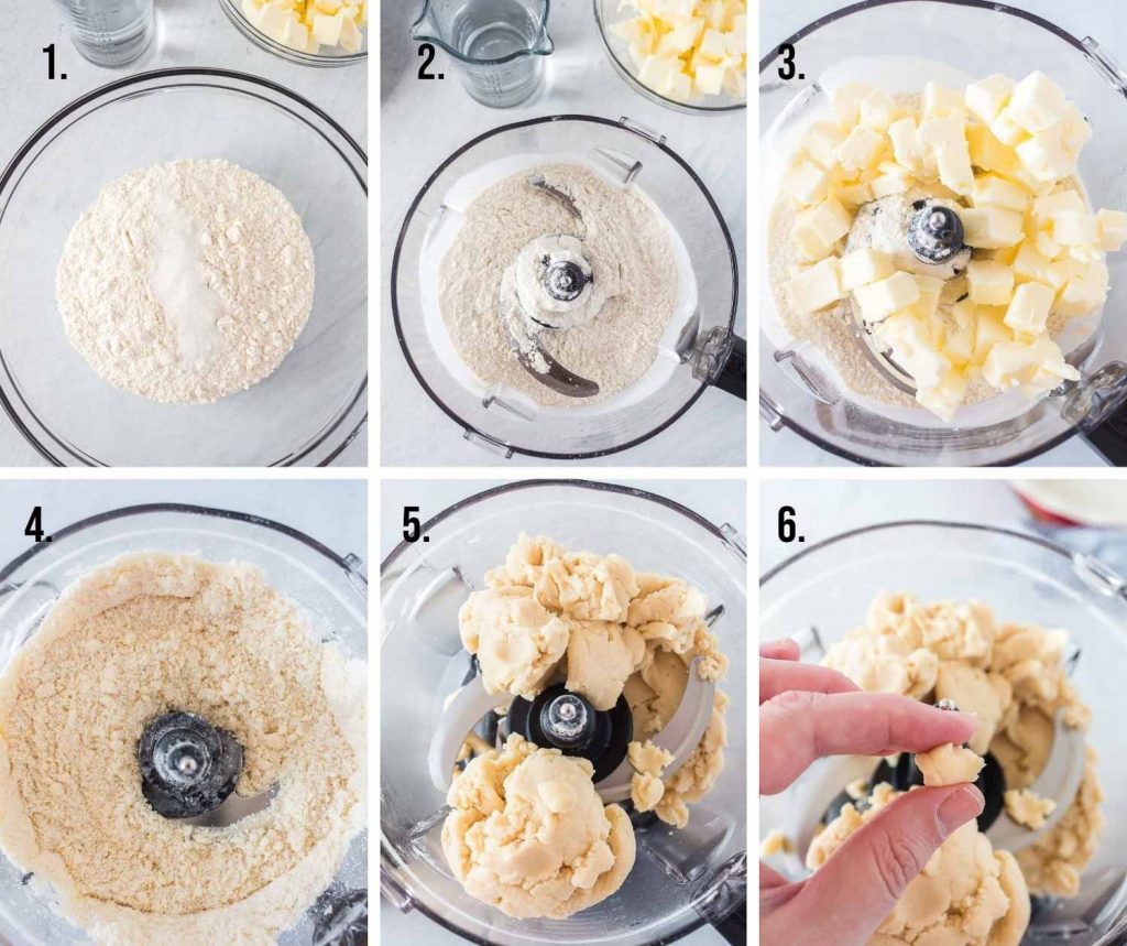 Collage of pie crust ingredients being added to a food processor.