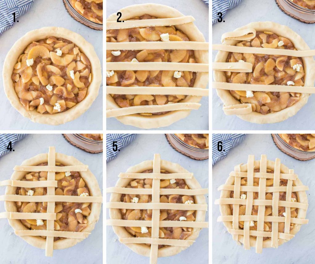 Collage of creating a lattice pie top by weaving dough together on a pie.