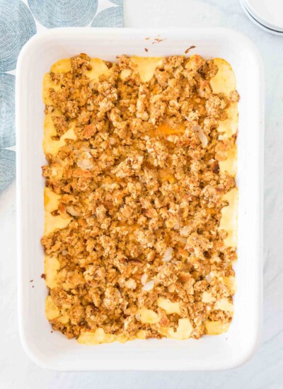 Baking dish of turkey and stuffing casserole.