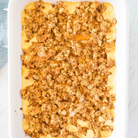 Baking dish of turkey and stuffing casserole.