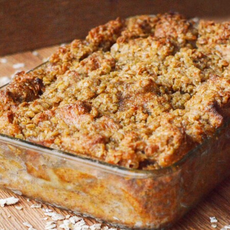 Glass baking dish of French toast casserole.