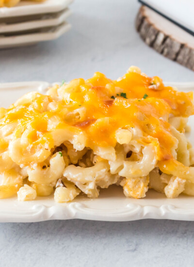 White, rectangular plate of tuna casserole.