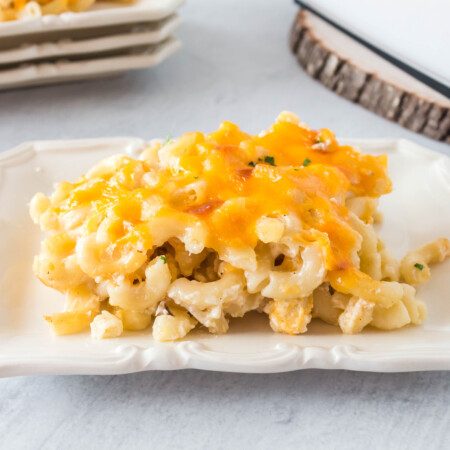 White, rectangular plate of tuna casserole.