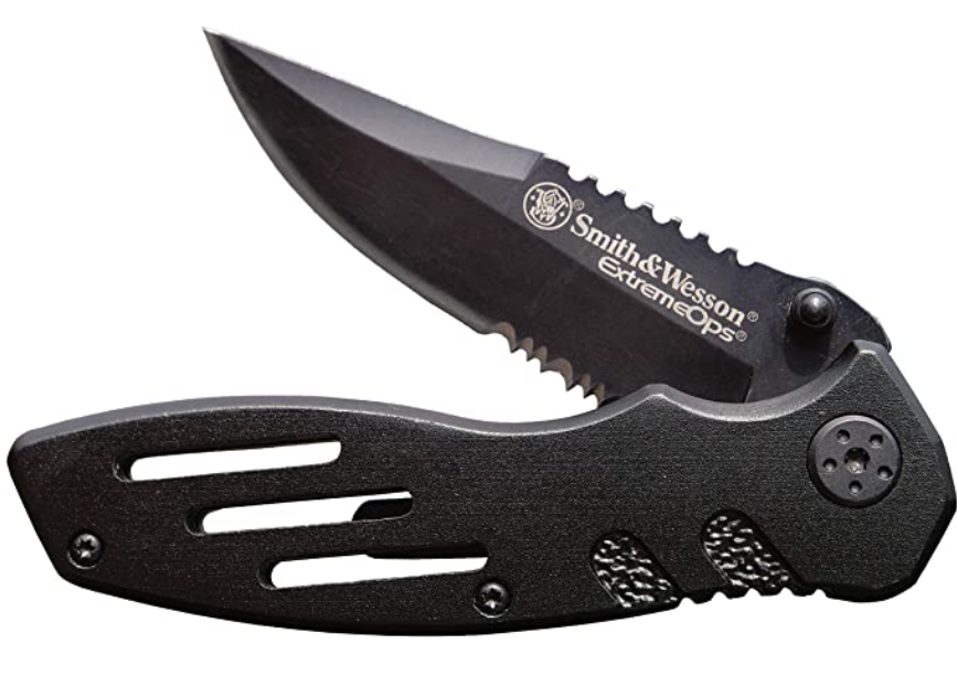 A survival pocket knife that is black and silver and opened up.