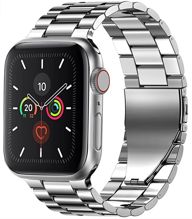 A stainless steel metal band holding an apple watch.
