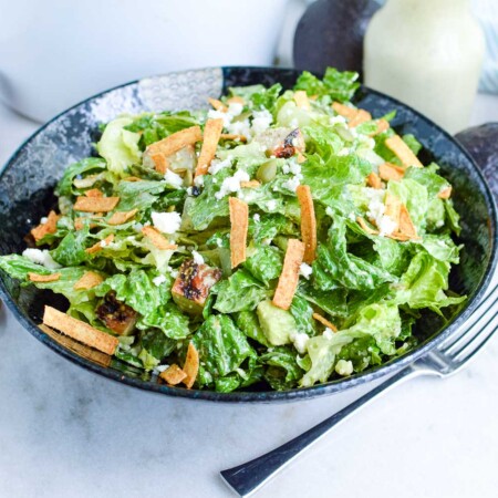 Heaping bowl of southwest chicken taco salad.