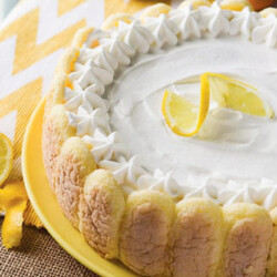 Lemon icebox cake on a yellow plate.