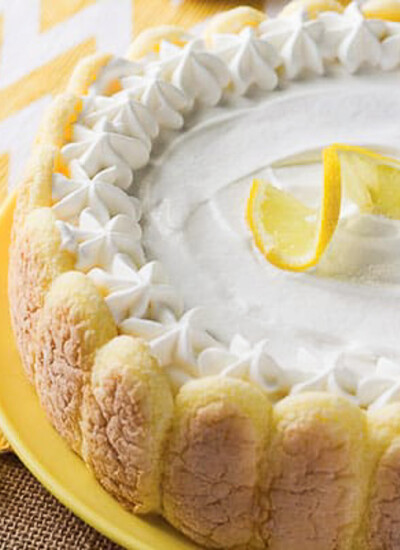 Lemon icebox cake on a yellow plate.