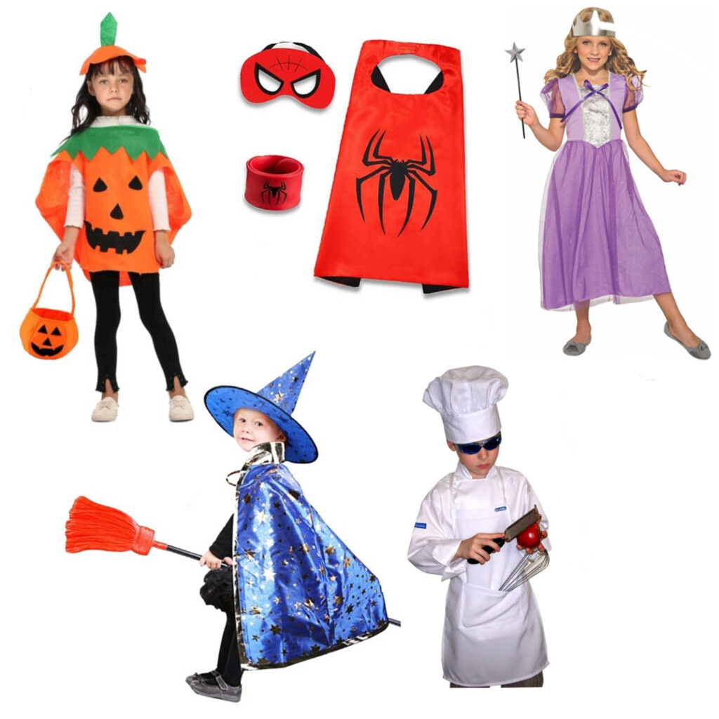 Halloween costumes under $10 - pumpkin, superhero cape, princess dress, wizard cape, chef's coat.