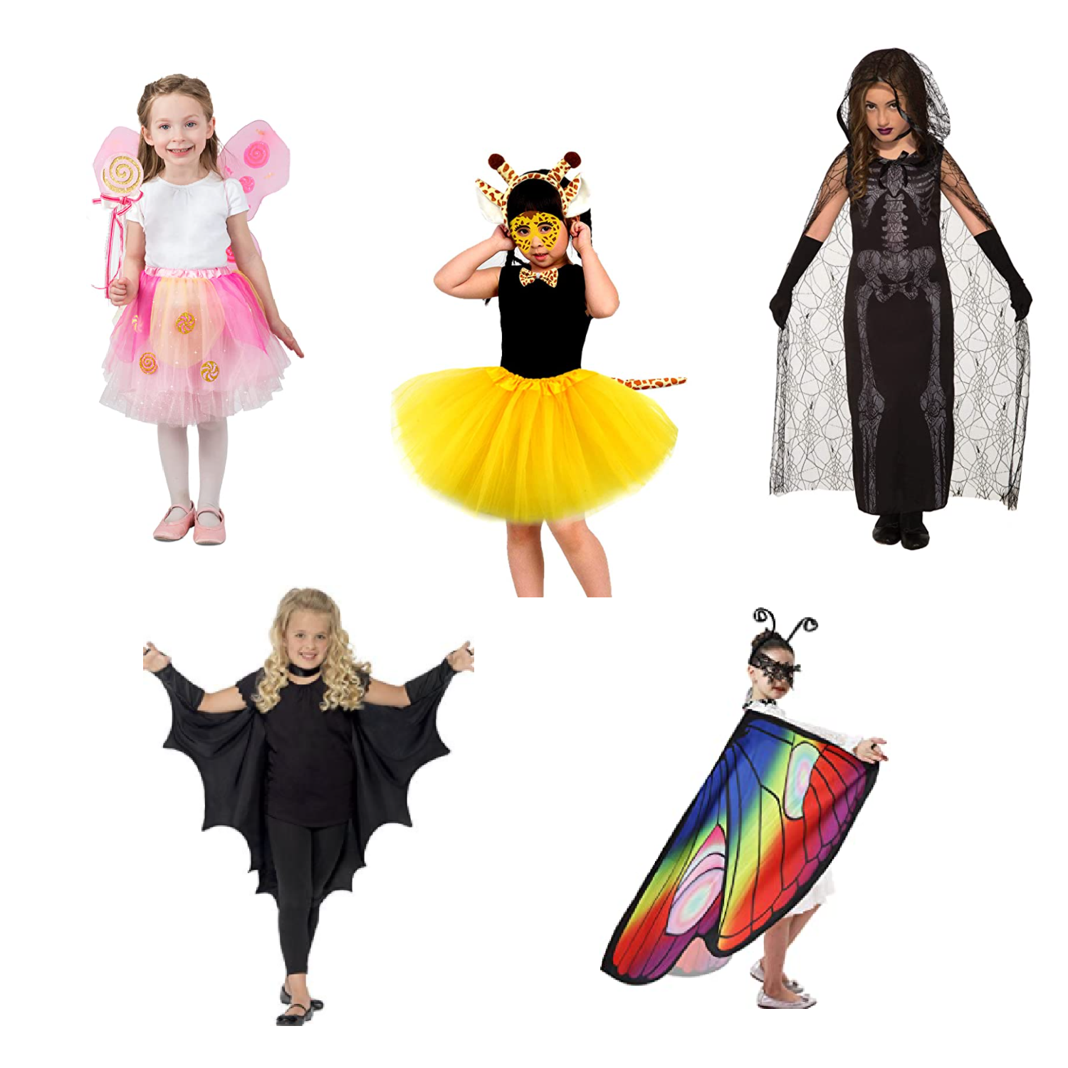Halloween costumes under $10 - princess, giraffe, ghost, bat and butterfly.
