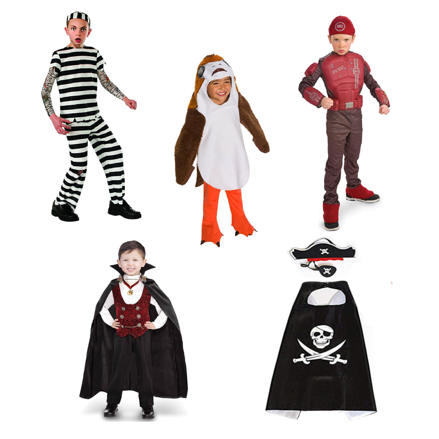 Halloween costumes under $10 - prisoner, Porg, Special Forces, vampire, and pirate.