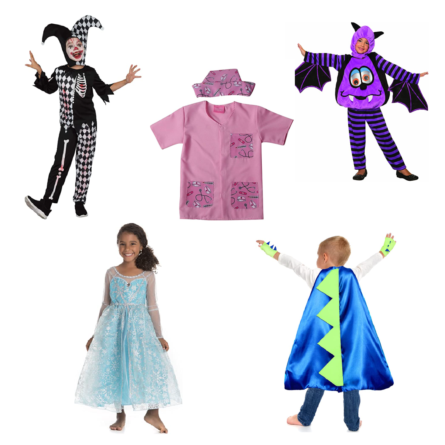 Halloween costumes under $10 - jester, nurse, silly eyes bat, frozen dress, and dragon cape.