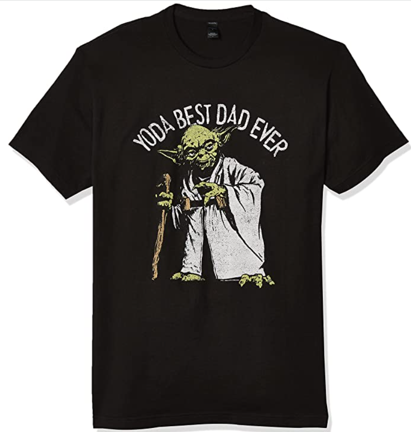 A black t-shirt with the words "YODA BEST DAD" and a picture of Yoda on it.